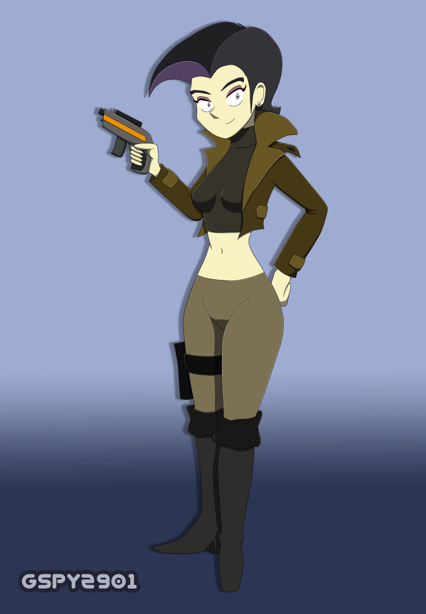 1_girl 1girl bianca_lorax boots clothed female female_only gspy2901 jacket leggings looking_at_viewer short_hair small_breasts solo space_gun standing young_girl