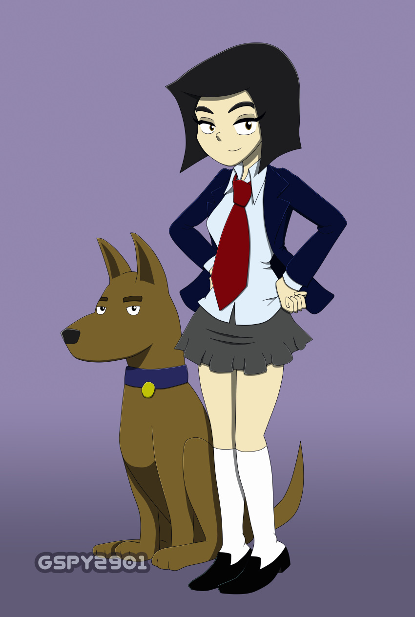 1girl clothed clothed_female dog grey_skirt gspy2901 looking_at_viewer norma_(gspy2901) original_character petite ruffo school_girl school_uniform schoolgirl short_hair small_breasts socks standing teen teenage_girl white_socks young young_girl