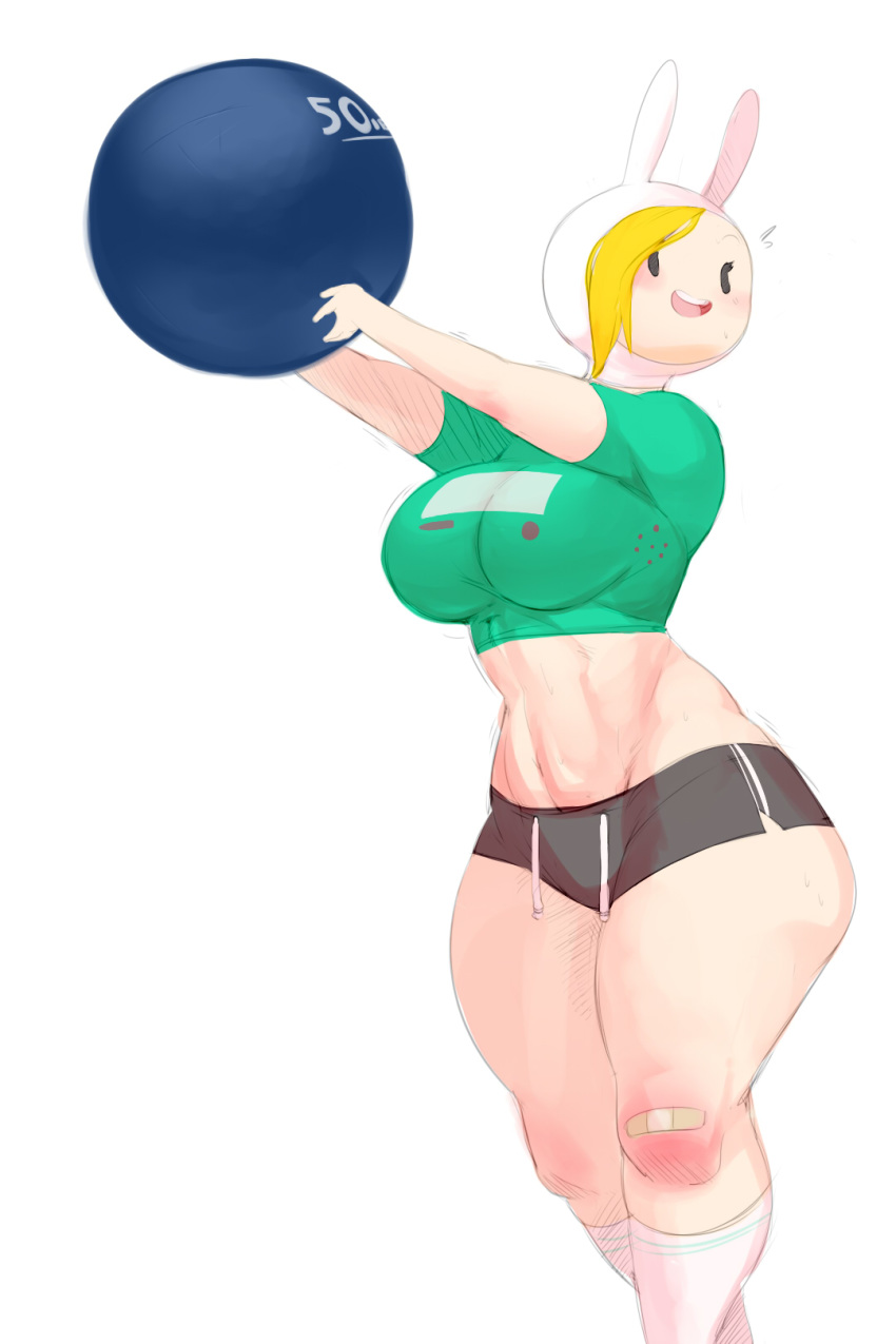1girl abs adventure_time animal_hat bandage bandaid big_ass big_breasts blush breasts bubble_butt bulumble-bee cartoon_network female_only fionna_the_human open_mouth short_hair shorts smile socks thick_thighs thighs wide_hips yellow_hair
