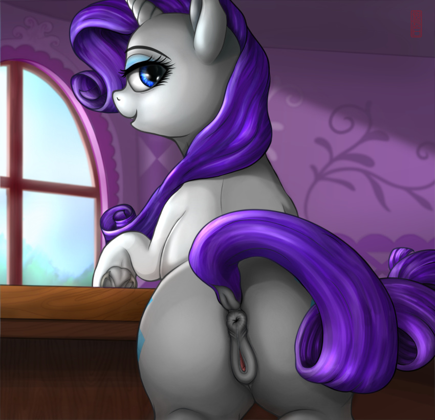 1girl anus ass blue_eyes cutie_mark female female_only female_unicorn friendship_is_magic horn indoors looking_at_viewer my_little_pony nude pony presenting_hindquarters pussy rarity rarity_(mlp) solo standing tail unicorn