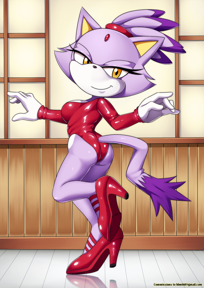 1_female 1_girl 1girl anthro ass bbmbbf blaze_the_cat feline female female_only indoors looking_at_viewer mobius_unleashed palcomix sega smile solo sonic_(series) sonic_the_hedgehog_(series) standing