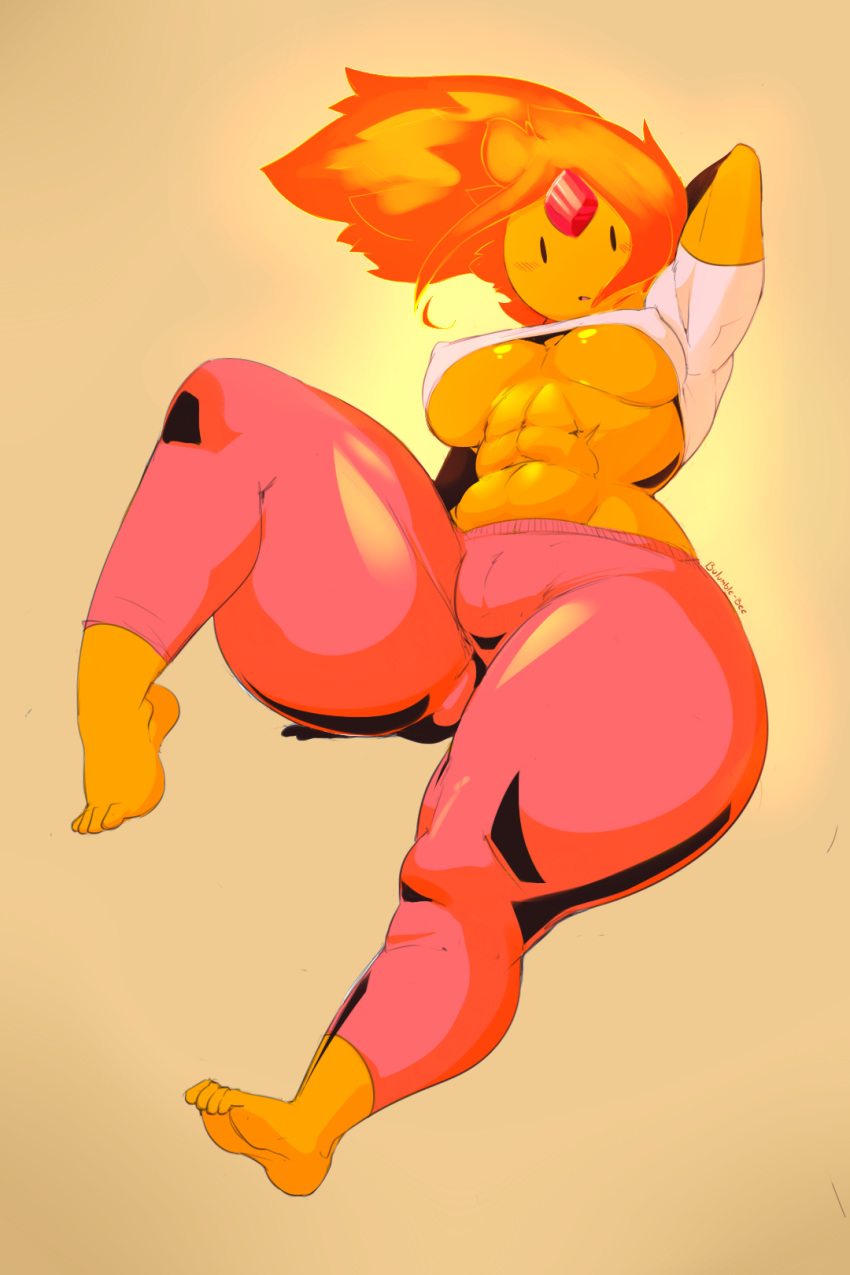 1girl abs adventure_time arm_behind_head armpits barefoot big_ass big_breasts blush breasts bulumble-bee cameltoe cartoon_network clothes crop_top feet female_only fire fire_hair flame_princess forehead_jewel full_body high_res long_hair looking_at_viewer muscle muscular_female nipple_bulge open_mouth orange_hair orange_skin signature sitting soles thick_thighs tight_clothes toes underboob voluptuous wide_hips yoga_pants