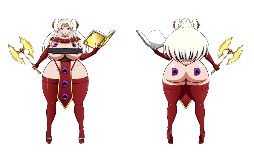 ale-mangekyo ale-mangekyo_(artist) ass axe big_ass big_breasts book breasts cleavage commission edelgard_von_hresvelg erect_nipples female fire_emblem:_three_houses magic_book nipples purple_eyes solo underboob weapon white_hair