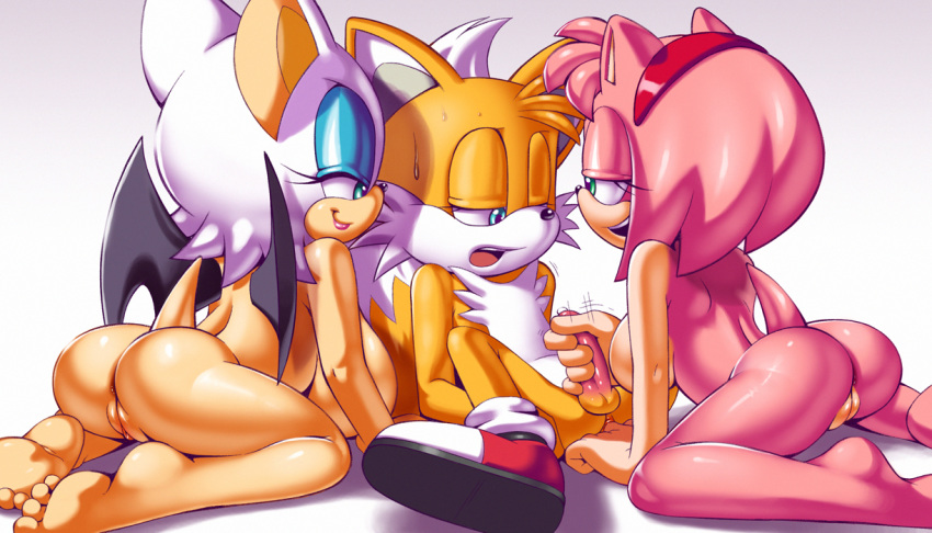 1boy 2_girls 2girls age_difference amy_rose anal anal_fingering anthro anus apostle_(artist) ass bat black_nose blue_eyes eyeshadow female fingering footwear fox green_eyes group_sex half-closed_eyes handjob headband hedgehog male male/female miles_"tails"_prower naughty_face nude open_mouth penis pink_hair pussy rouge_the_bat sega sex short_hair sideboob sitting smile sonic sonic_(series) tail toes white_fur yellow_fur
