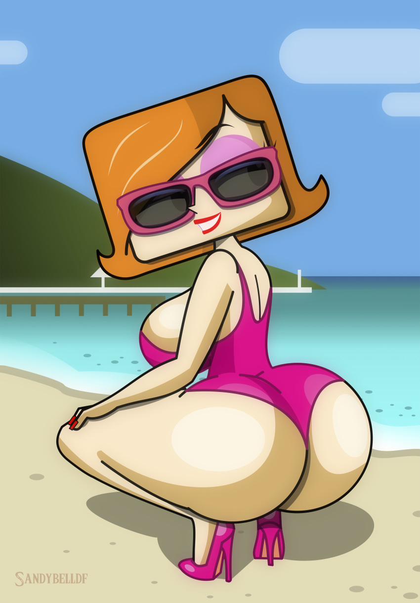 1girl artist_name ass breasts bubble_butt butt_crack debbie_turnbull eyebrows female full_body high_heels large_ass large_breasts light_skin looking_back milf one-piece_swimsuit robotboy round_ass sandybelldf single_eyebrow solo swimsuit teeth