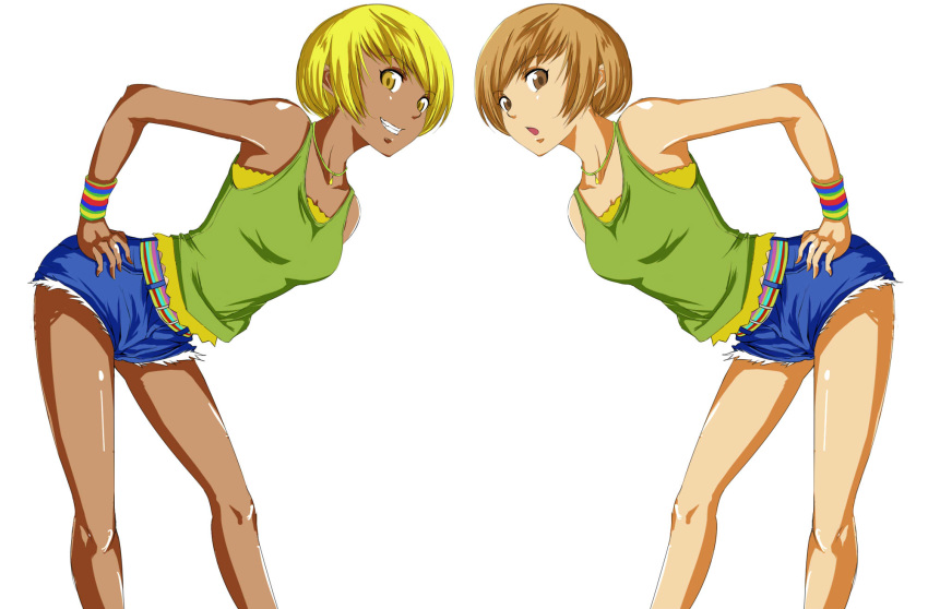 2girls :o alternate_color atlus blonde_hair brown_eyes brown_hair chie_satonaka cutoff_jeans cutoffs dual_persona ganguro grin hand_on_hip highres hips jewelry legs looking_at_viewer mirror_image multiple_girls necklace persona persona_4 satonaka_chie short_hair short_shorts shorts smile suta_furachina symmetry tank_top white_background wristband yellow_eyes