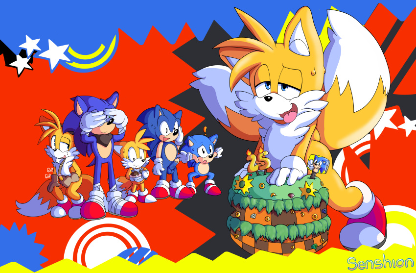 2016 absurd_res anthro cake canine erection food fox furry group hedgehog highres male mammal masturbation miles_"tails"_prower penis sega senshion sonic_the_hedgehog square_crossover testicles