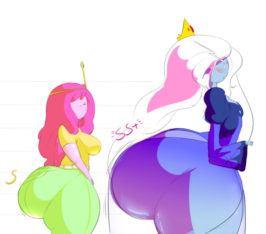 2girls adventure_time ass big_breasts blue_skin breasts bubble_butt bulumble-bee cartoon_network closed_eyes clothed clothing crown dress duo female_only hair huge_ass ice_queen jeans large_ass long_hair multiple_girls pink_hair pink_skin princess_bubblegum round_ass thick_thighs white_hair