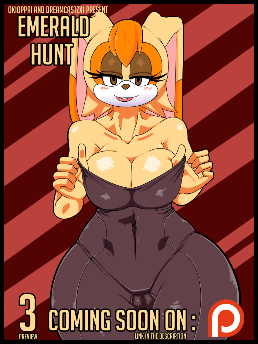 1girl 1girl absurd_res anthro big_breasts blush breasts cleavage clothed clothing dreamcastzx1 english_text furry high_res huge_breasts lagomorph mammal okioppai patreon rabbit sega text tight_clothing vanilla_the_rabbit