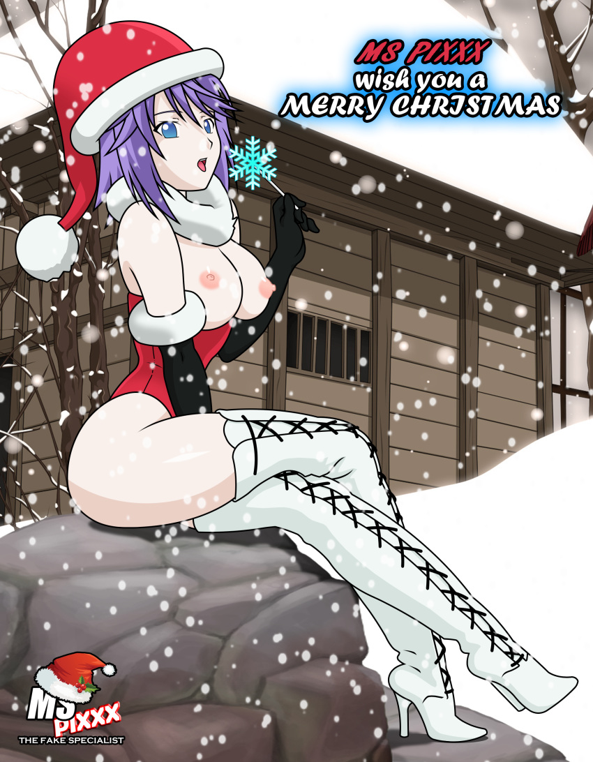 1girl big_breasts blue_eyes breasts breasts_outside christmas christmas_outfit crow531 female_only full_body lollipop merry_christmas ms_pixxx nipples outside purple_eyes rosario_to_vampire santa_hat shirayuki_mizore short_hair snow solo_female thigh_boots thigh_high_boots