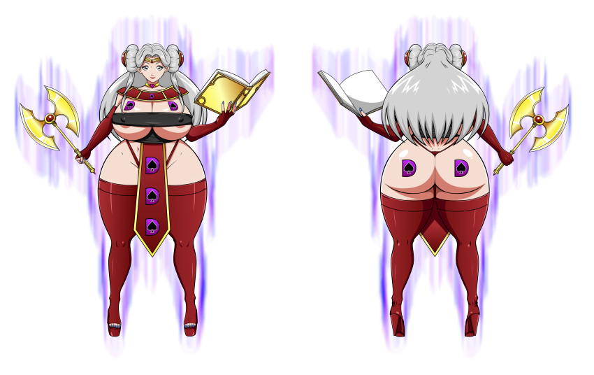 ale-mangekyo ale-mangekyo_(artist) ass axe big_ass big_breasts book breasts cleavage commission edelgard_von_hresvelg erect_nipples female fire_emblem:_three_houses magic_book nipples silver_eyes silver_hair solo ultra_instinct underboob weapon