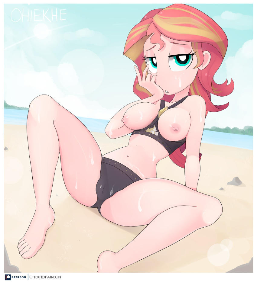 1girl beach breasts cum cum_on_arms cum_on_breasts cum_on_face cum_on_legs cum_on_stomach cum_on_swimsuit equestria_girls exposed_breasts female female_only friendship_is_magic humanized long_hair looking_at_viewer mostly_nude my_little_pony ohiekhe outdoor outside sitting solo spread_legs sunset_shimmer sunset_shimmer_(eg) swimsuit two-tone_hair