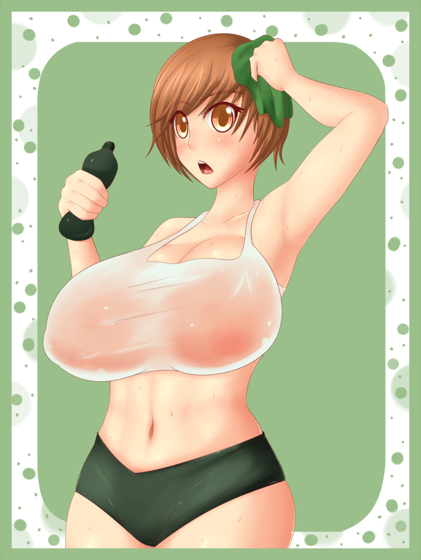 1girl alternate_breast_size atlus belly bottle breasts brown_eyes brown_hair chie_satonaka cleavage female hair highres huge_breasts jcdr midriff navel persona persona_4 satonaka_chie see-through short_hair shorts solo sweat wet_clothes