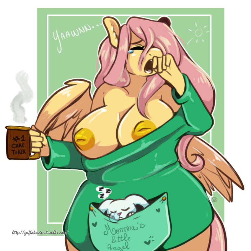 1girl 2016 ambiguous_gender angel_(mlp) anthro anthrofied areola arnachy big_breasts big_nipples border breasts closed_eyes clothed clothing cup duo english_text equine feathered_wings feathers fluttershy_(mlp) friendship_is_magic furry hair holding_object inverted_nipples lagomorph long_hair mammal my_little_pony nipples open_mouth overweight pegasus pink_hair rabbit simple_background sleeping sound_effects text white_border wings yawn yellow_feathers zzz