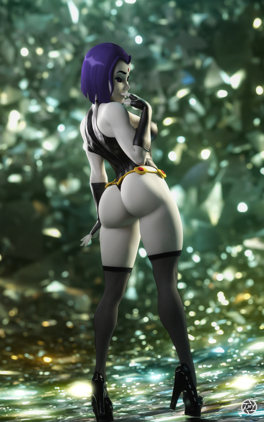 1girl ass bare_shoulders big_ass big_breasts black_high_heels black_stockings dat_ass dc female female_focus female_only forehead_jewel high_heels joelgraphic leotard mostly_nude raven_(dc) short_hair solo standing stockings teen_titans