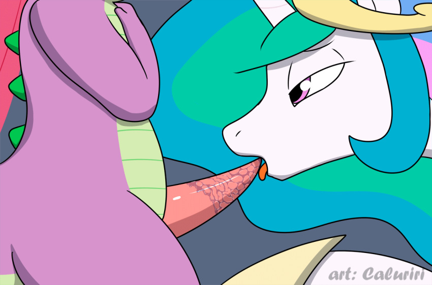 1girl 2016 caluriri dragon equine erection fellatio feral friendship_is_magic gif horn licking male mammal my_little_pony oral penis penis_lick princess_celestia_(mlp) scalie sex spike_(mlp) tapering_penis tongue tongue_out winged_unicorn wings
