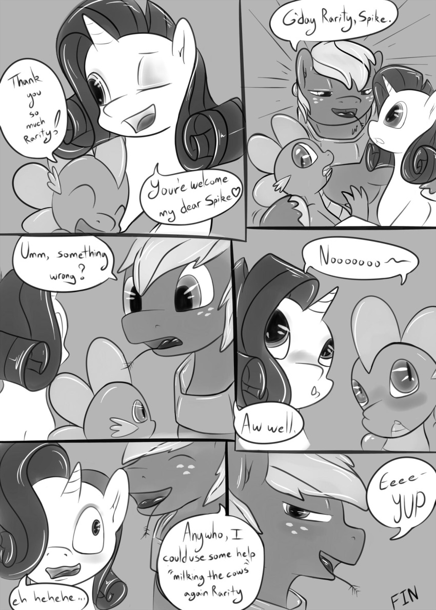 1girl 2013 big_macintosh blush comic dialogue dragon earth_pony english_text equine feral freckles friendship_is_magic greyscale group heart highres horn horse male mammal monochrome my_little_pony one_eye_closed open_mouth pony rarity saurian_(artist) scalie spike text unicorn wink