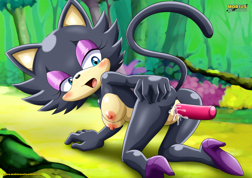 1girl archie_comics ass bbmbbf blue_eyes blush breasts cat_ears cute dildo furry high_heels looking_back mobius_unleashed nipples palcomix pussy sasha_cat_(light_mobius) sega sonic_(series) sonic_the_hedgehog_(series) tail