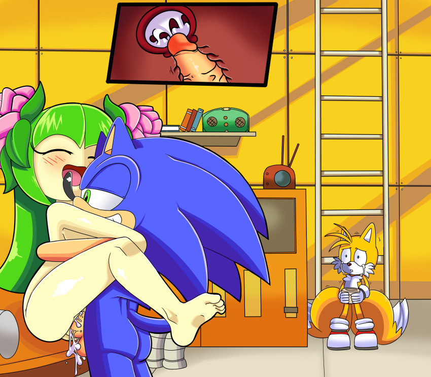 1girl 2boys animal_ears blush closed_eyes cosmo_the_seedrian cosmo_the_seedrian_(adult) cum dreamcastzx1 furry green_eyes green_hair hair long_hair miles_"tails"_prower multiple_boys penis sex smile sonic sonic_the_hedgehog tail