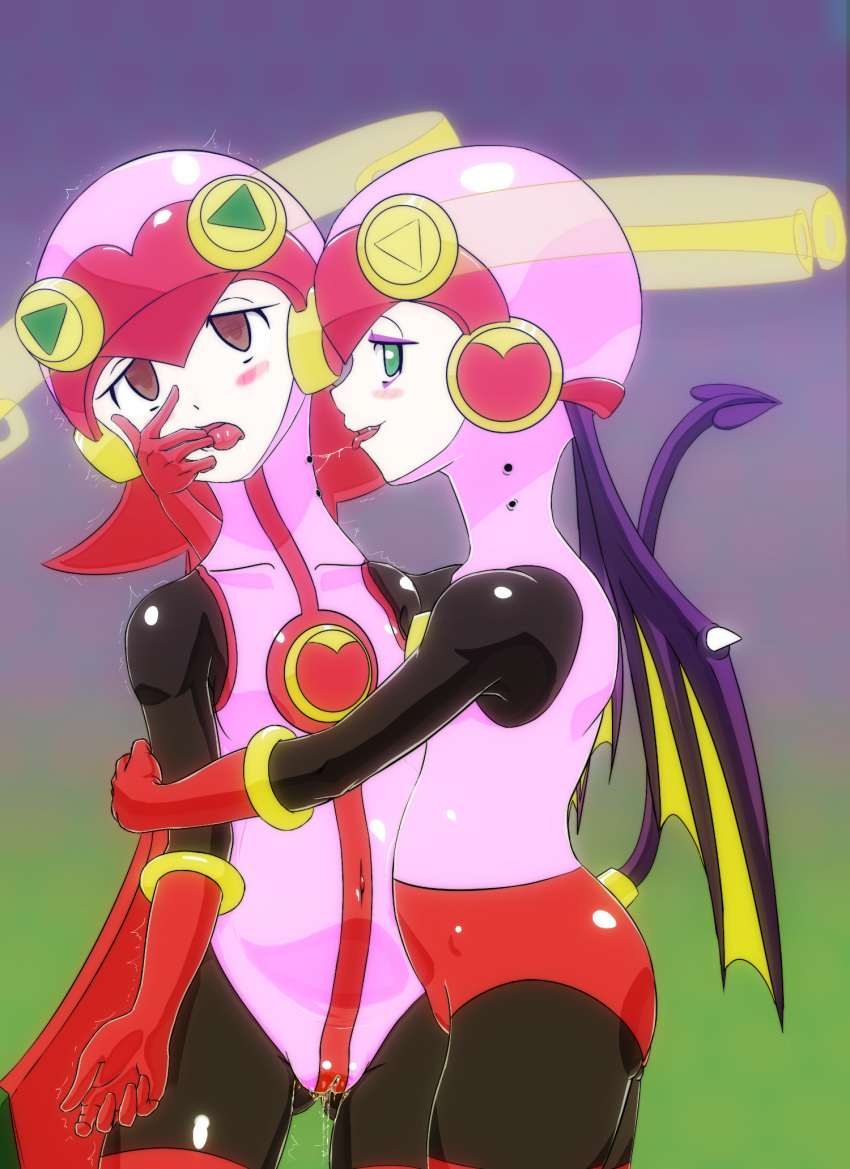 2girls ass big_ass big_breasts bite_mark blank_eyes blush breasts brown_hair cameltoe capcom devil_tail devil_wings ejaculation finger_in_mouth green_eyes mayl_sakurai mega_man mega_man_battle_network mega_man_nt_warrior megaman multicolored_background open_mouth pink_hair pussy pussy_juice rockman rockman_exe roll.exe roll_exe sakurai_meiru shaking skin_tight squirting tail thick_thighs thighhighs thighs tongue tongue_out vampire wings yuri