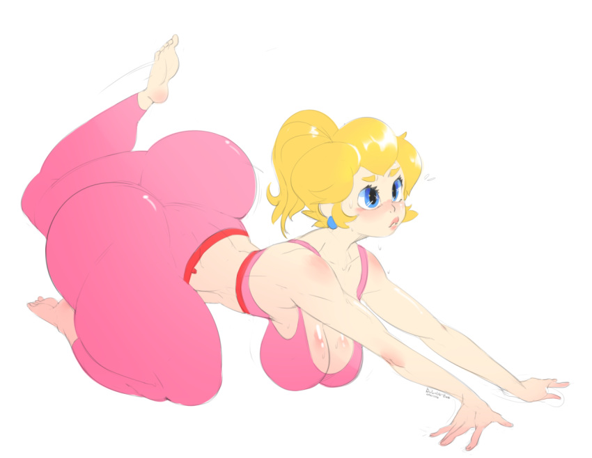 1girl arched_back ass barefoot big_ass big_breasts blonde_hair blue_eyes breasts bubble_butt bulumble-bee cleavage feet hair huge_ass huge_breasts large_ass nintendo open_mouth ponytail princess_peach round_ass sexy sexy_ass sexy_body sexy_breasts sexy_legs sexy_pose short_hair simple_background smelly_ass soles super_mario_bros. sweat tank_top toes yellow_hair yoga_pants