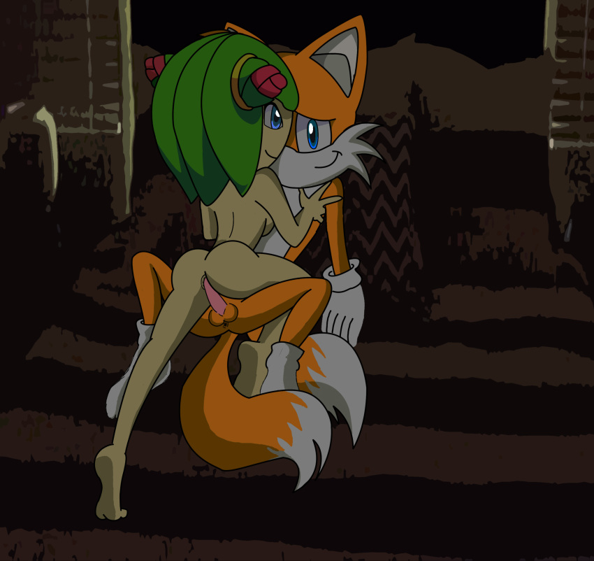 1boy 1girl animal_ears ass bed blue_eyes breasts cosmo_the_seedrian furry green_hair miles_"tails"_prower penis pussy sex short_hair smile sonic_(series) tail testicle