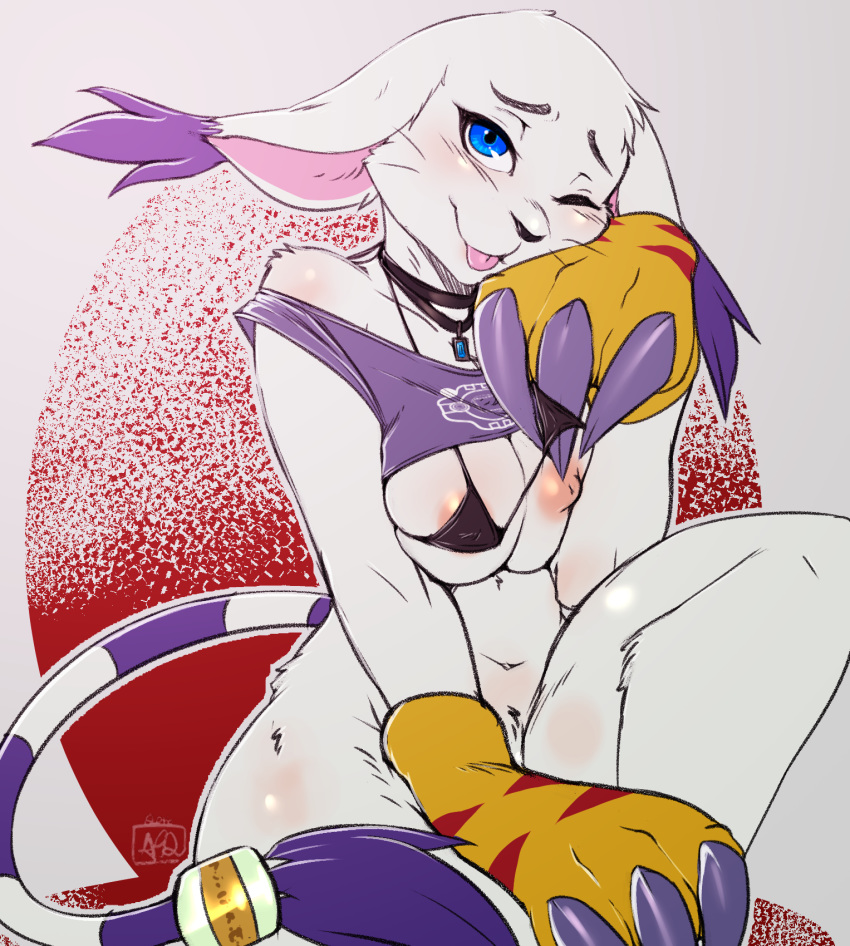 1girl 1girl 2016 anthro areola avante92 blue_eyes breasts cat claws clothed clothing digimon feline fur furry gatomon high_res looking_at_viewer mammal nipples one_eye_closed tongue tongue_out white_fur wink