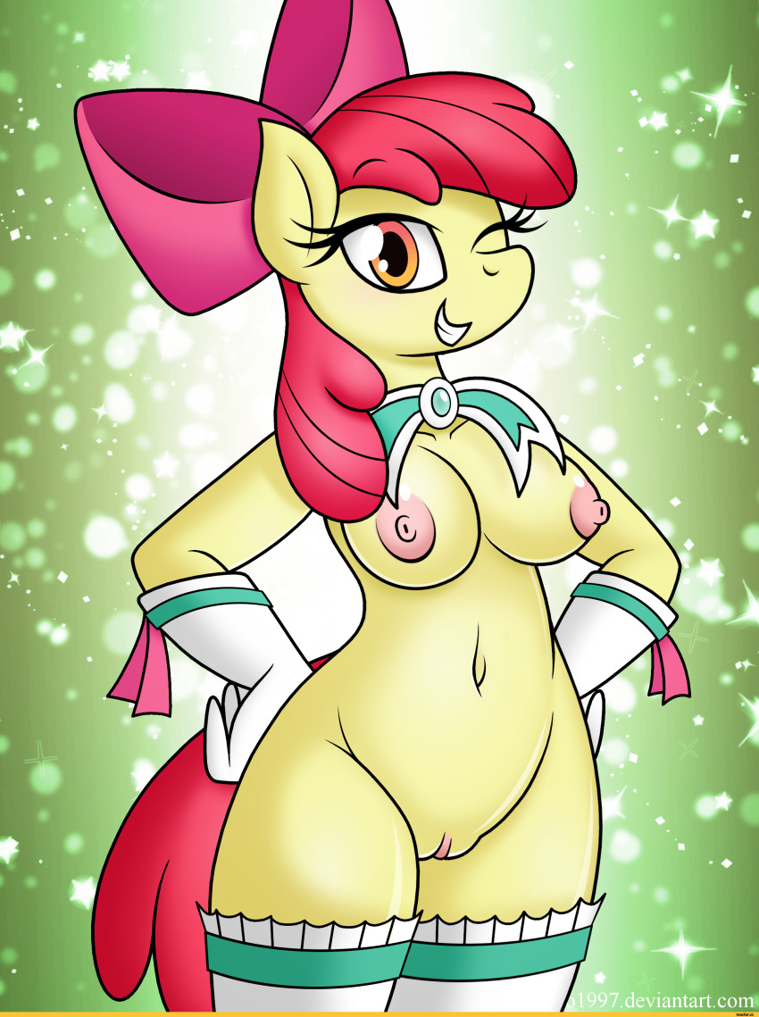 1girl apple_bloom big_breasts breasts cute friendship_is_magic gloves hair hairbow long_hair looking_at_viewer my_little_pony nipples nude pussy red_hair smile tail wink yellow_eyes