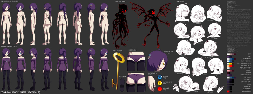 angry ass blue_eyes boots demon face hair happy highres human key keyblade model_sheet monochrome monster nude panties ponytail purple_hair red_eyes skull sweater underwear violet_hair wings yellow_eyes zone zone-tan
