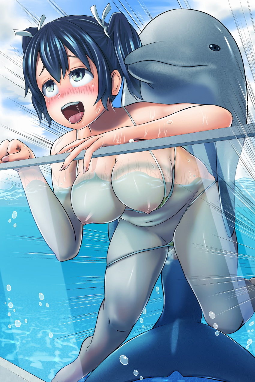 1girl beastiality big_breasts bikini blue_eyes blue_hair blush breasts dolphin from_behind hair kantai_collection nipples open_mouth sex short_hair smile souryuu_(kantai_collection) tongue twin_tails water