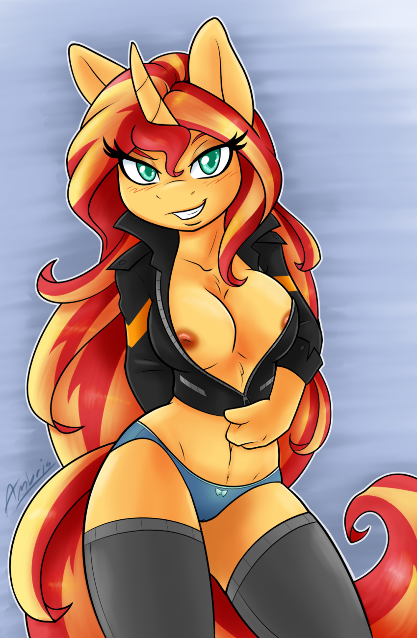 1girl 2016 ambris anthro areola big_breasts breasts clothing equestria_girls equine erect_nipples furry horn mammal my_little_pony nipples panties sunset_shimmer underwear unicorn