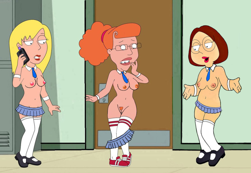 braces breasts collar connie_d'amico cuffs edit family_guy frost969 glasses meg_griffin microskirt miniskirt nipples nude partially_nude patty_(family_guy) pleated_skirt pubic_hair pussy school_girl schoolgirl stockings white_stockings