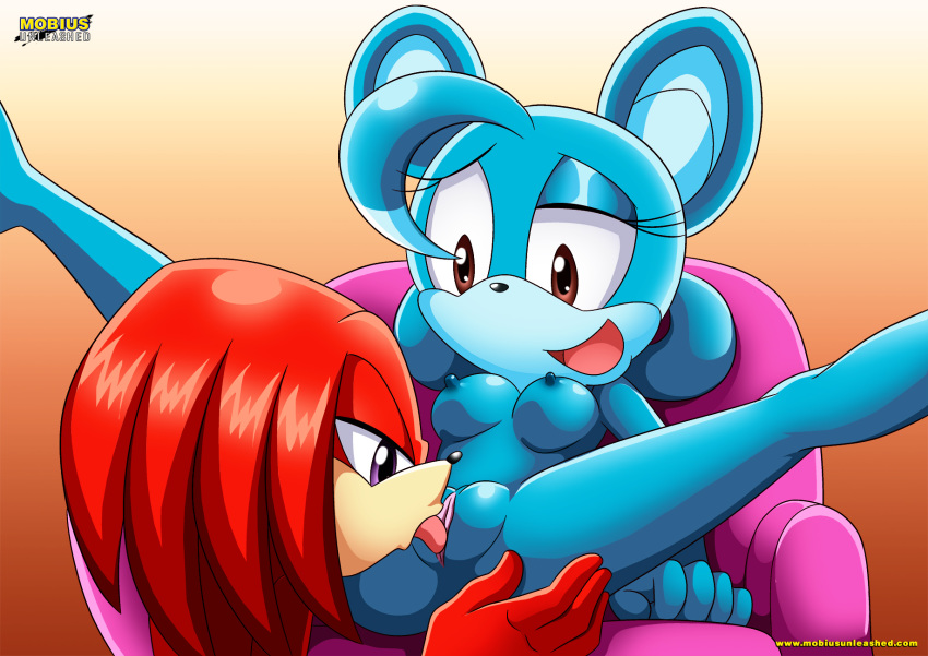 1boy 1girl animal_ears archie_comics bbmbbf breasts brown_eyes couch furry knuckles_the_echidna licking long_hair mobius_unleashed nipples palcomix purple_eyes pussy red_hair relic_the_pika sega smile sonic_(series) sonic_the_hedgehog_(series) spread_legs tongue