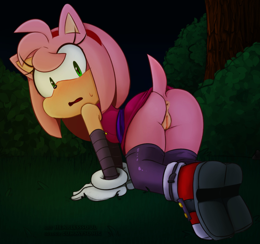 1girl 2016 amy_rose anthro anus ass ass_up blush bottomless clothed clothing cummysonic footwear fur furry gloves hair hearlesssoul hedgehog high_res legwear looking_at_viewer looking_back mammal presenting presenting_hindquarters presenting_pussy pussy raised_tail sega stockings tail video_games
