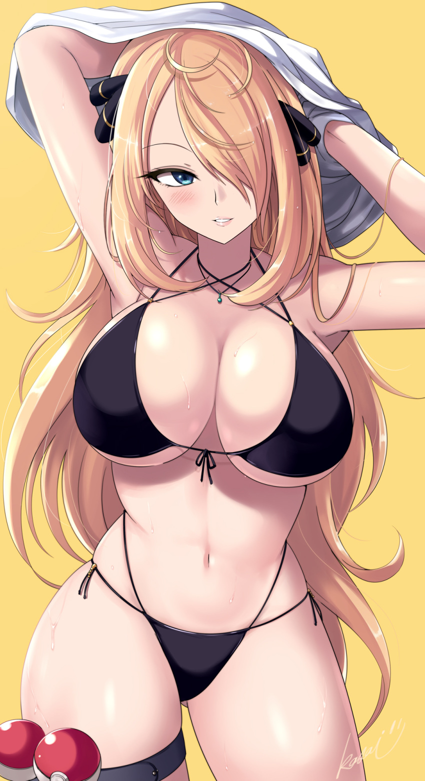 1girl 1girl 1girl alternate_breast_size big_breasts bikini black_bikini blonde_hair breasts cleavage clothed_female cynthia_(pokemon) female_focus female_only game_freak hair_over_one_eye high_res huge_breasts kasai_shin light-skinned_female light_skin long_hair massive_breasts mature mature_female nintendo pokemon pokemon_dppt solo_female solo_focus tagme thick_thighs video_game_character video_game_franchise wide_hips