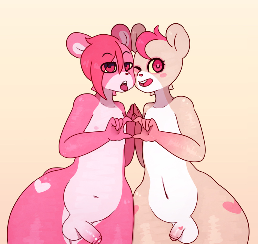 2016 anthro bear blush canine clothing duo erection front_view fur furry girly hair half-closed_eyes heart humanoid_penis looking_at_viewer male mammal multicolored_fur navel nipples nude one_eye_closed open_mouth partially_retracted_foreskin penis pink_fur pink_hair pose simple_background small_penis smile somescrub standing strawbeary_j strawberry_shortcake teeth testicles tongue tongue_out two_tone_fur uncut white_fur wide_hips wink
