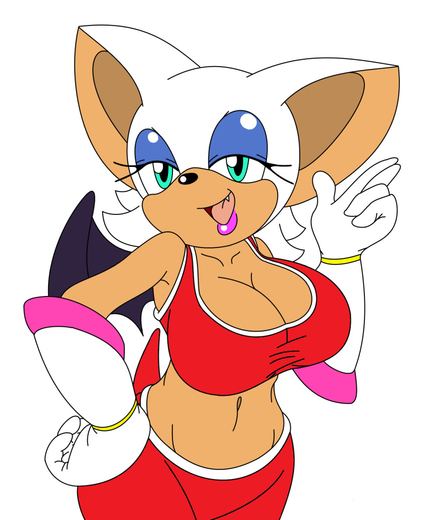 1girl anthro armpits bat belly big_breasts blue_eyes bra breasts cleavage clothed clothing female female_only furry gloves hair highres mammal michiyoshi midriff navel open_mouth rouge_the_bat sega simple_background smile sonic_(series) sports_bra underwear white_background white_hair wings
