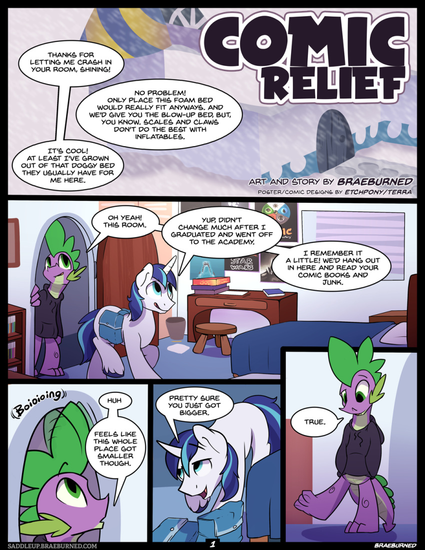 aged_up bed book braeburned clothed clothing comic dialogue digital_media_(artwork) dragon duo english_text equine friendship_is_magic high_res horn male mammal my_little_pony pillow poster scalie shining_armor speech_bubble spike spike_(mlp) spines star_wars tail text unicorn window