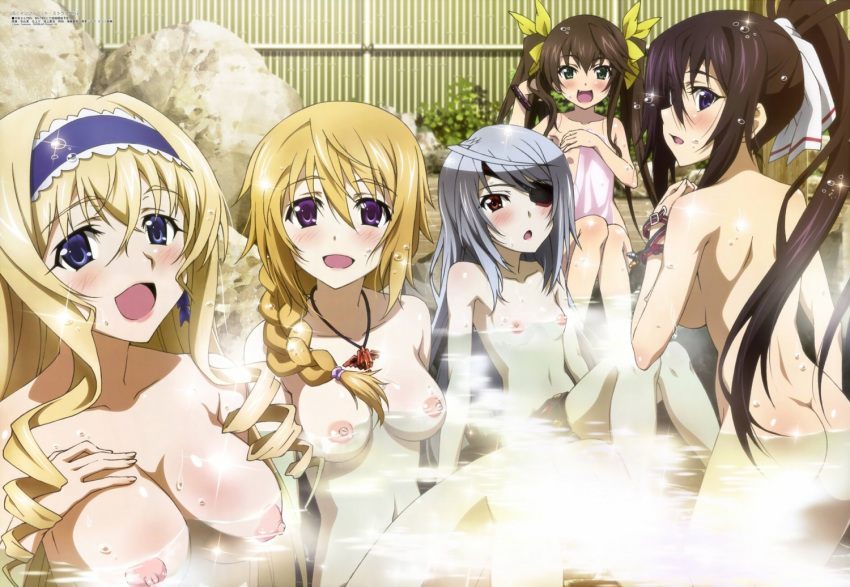 5girls :d :o adjusting_hair ahoge alluring ass back bamboo_fence bangs bathing big_breasts black_hair blonde blue_eyes blush body_blush bracelet braid breasts breasts_apart brown_hair cecilia_alcott charlotte_dunois cleavage drill_hair eyepatch fang feet_in_water fence green_eyes grey_hair hair hair_between_eyes hair_ornament hair_over_shoulder hair_ribbon hairband hand_on_own_chest high_ponytail huang_lingyin infinite_stratos jewelry laura_bodewig lipstick long_hair looking_back low_twintails makeup multiple_girls naked_towel navel necklace nipples nude nude_filter onsen open_mouth partially_submerged pendant photoshop plant ponytail purple_eyes purple_hair quintet reclining red_eyes ribbon rock scrunchie shinonono_houki short_hair sidelocks silver_hair single_braid sitting small_breasts smile soaking_feet sparkle steam swept_bangs thigh_strap tied_hair towel twin_drills twin_tails very_long_hair water wet wet_hair