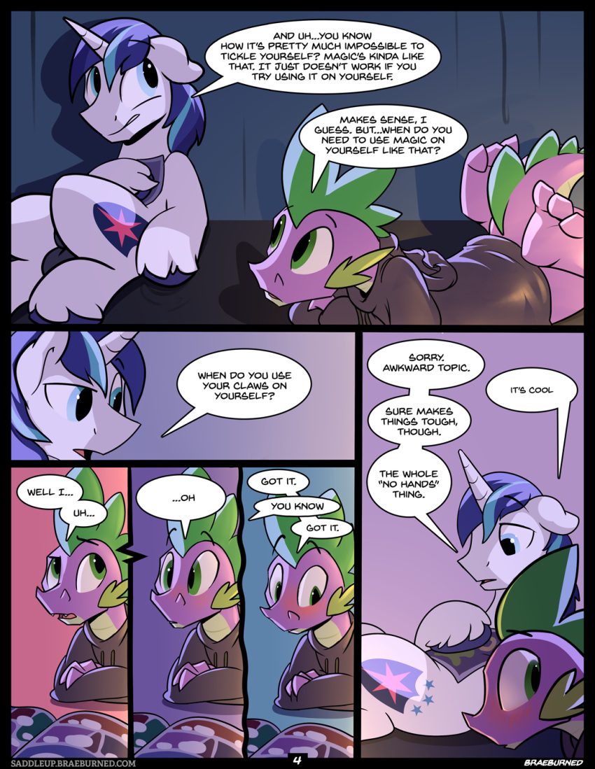 blush braeburned clothed clothing comic dialogue digital_media_(artwork) dragon duo english_text equine friendship_is_magic highres horn lying male mammal my_little_pony scalie shining_armor_(mlp) spike_(mlp) testicles text unicorn