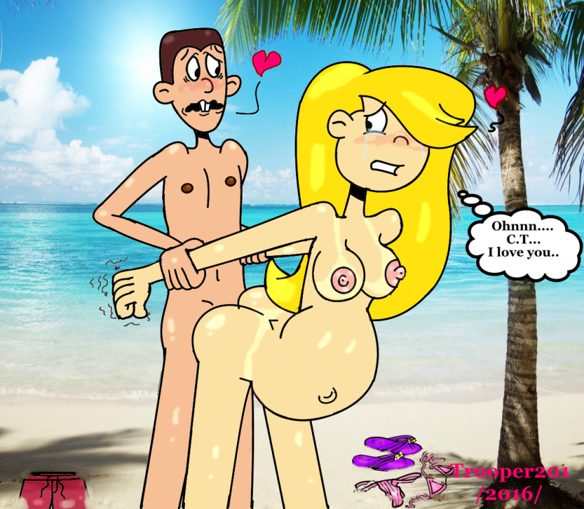 arm_grab ass beach blonde_hair blush breasts brown_hair colby_c.t_von_schmitz crying doggy_position erect_nipples fair_skin from_behind huge_breasts long_hair lovers making_love male/female nipples nude outside palm_tree pepper_ann photo_background pregnant shy tears trinket_st._blaire trooper201 vaginal