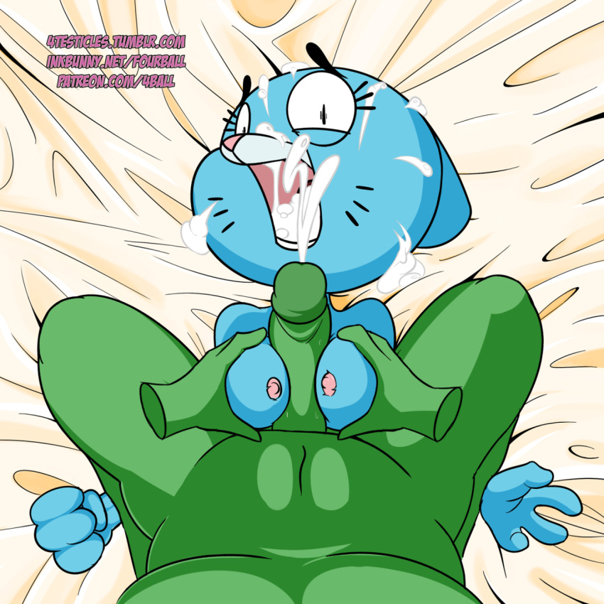 1girl 2016 anthro blue_fur breasts cartoon_network cum cum_in_mouth cum_on_face erection feline fourball fur high_res lagomorph male male/female mammal nicole_watterson nipples open_mouth penis the_amazing_world_of_gumball