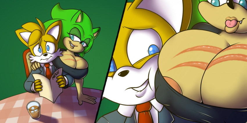 1girl 2016 anthro areola big_breasts breasts canine cleavage clothed clothing duo erect_nipples fox furry hedgehog huge_breasts male mammal miles_"tails"_prower nipple_bulge nipples scar scourge_the_hedgehog sega stunnerpony