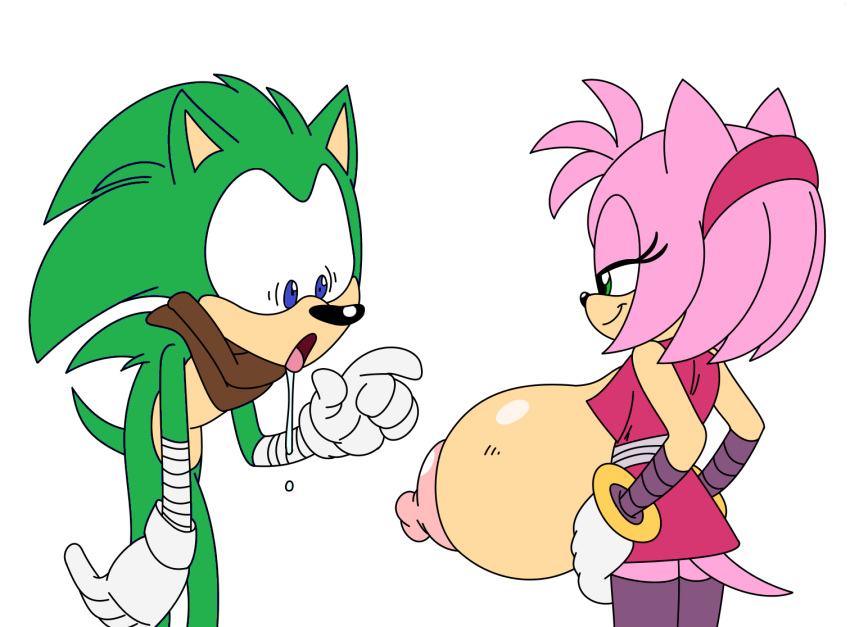 1girl amy_rose anthro areola big_breasts breasts clothed clothing daredemon7000 drooling duo erect_nipples flashing fur furry green_body hedgehog huge_breasts male mammal nipples partially_clothed pink_fur saliva scourge_the_hedgehog sega