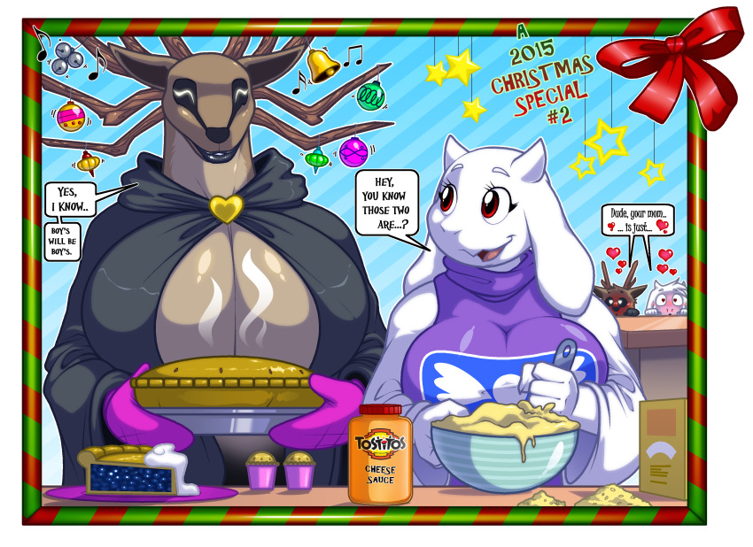 1girl 2015 2d 2d_(artwork) absurd_res anthro asriel_dreemurr big_breasts blood breasts caprine cervine christmas closed_eyes crossover deer dialogue duo_focus english_text female_focus furry goat group high_res horn huge_breasts mammal milf nosebleed open_mouth parent smile son specimen_8 spooky's_house_of_jump_scares text tongue toriel tostitos undertale undertale_(series) video_games walter_sache