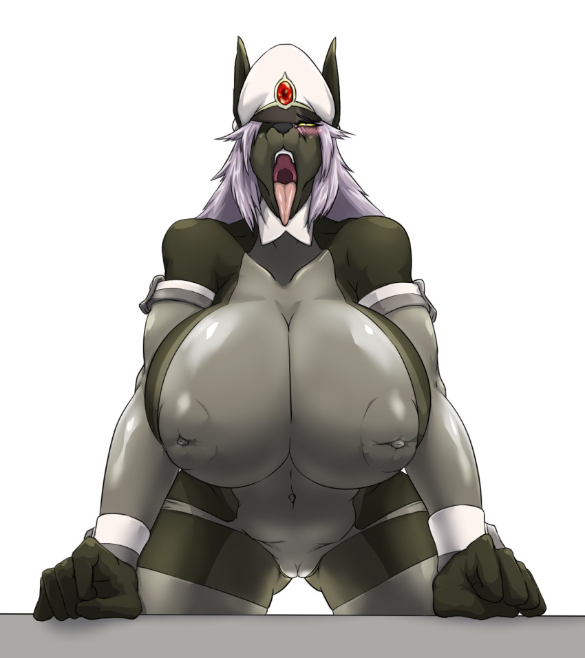 1girl anthro anus baneroku blush breasts cameltoe canine clothing comic demon furry hair hat high_res long_hair mammal military military_cap muscular peaked_cap purple_hair sideboob text tongue tongue_out uniform wolf