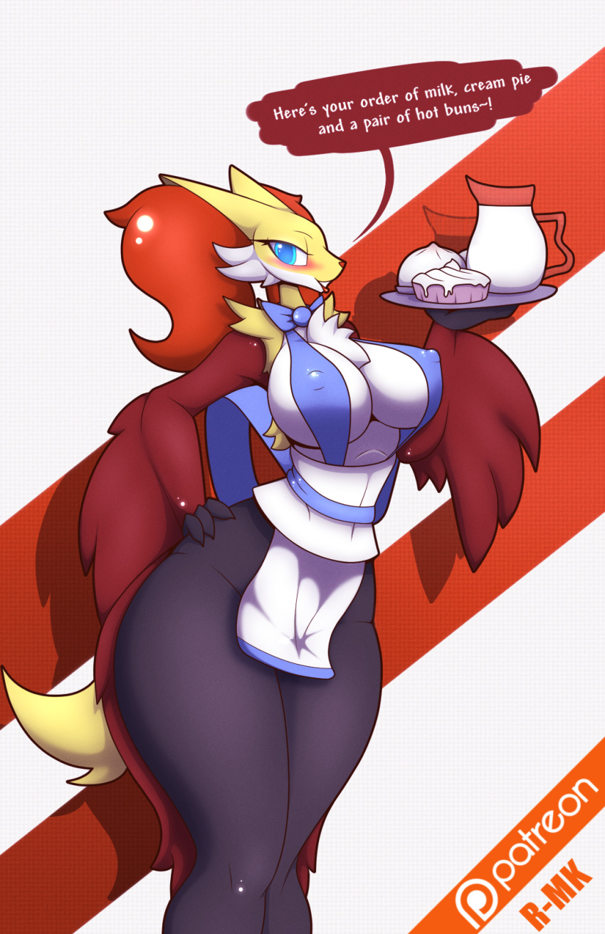 1girl 1girl abstract_background anthro big_breasts big_eyes blush bow_tie breasts canid canine chest_tuft clothed clothing curvy_figure delphox delphox_waitress english_text food hand_on_hip high_res inner_ear_fluff lips looking_at_viewer mammal milk nintendo nipple_outline partially_clothed patreon pok&eacute;mon pok&eacute;mon_(species) portrait r-mk small_waist smile text thick_thighs threequarter_portrait tuft video_games voluptuous waiter