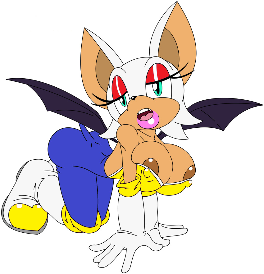 1girl 1girl anthro areola bat big_breasts blue_eyes breasts cleavage clothed clothing erect_nipples frontierbrain hair high_res mammal nipple_bulge nipples rouge_the_bat sega simple_background white_background white_hair