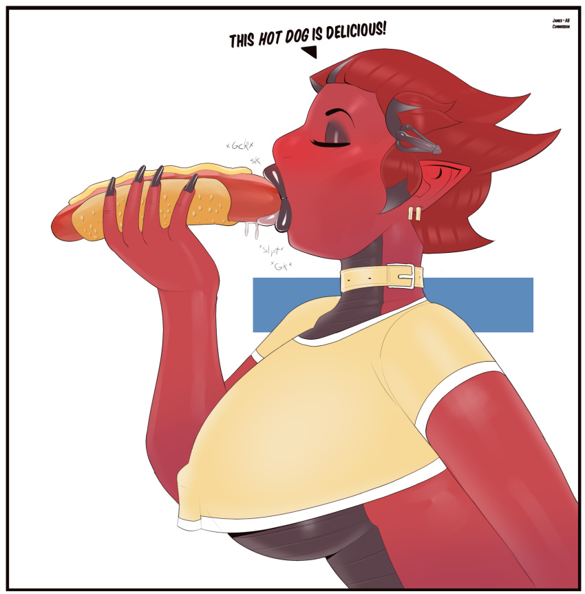 1girl 1girl animal_humanoid anthro big_breasts blush breasts dragon food high_res hot_dog humanoid james-ab licking scalie suggestive suggestive_food tongue tongue_out voluptuous
