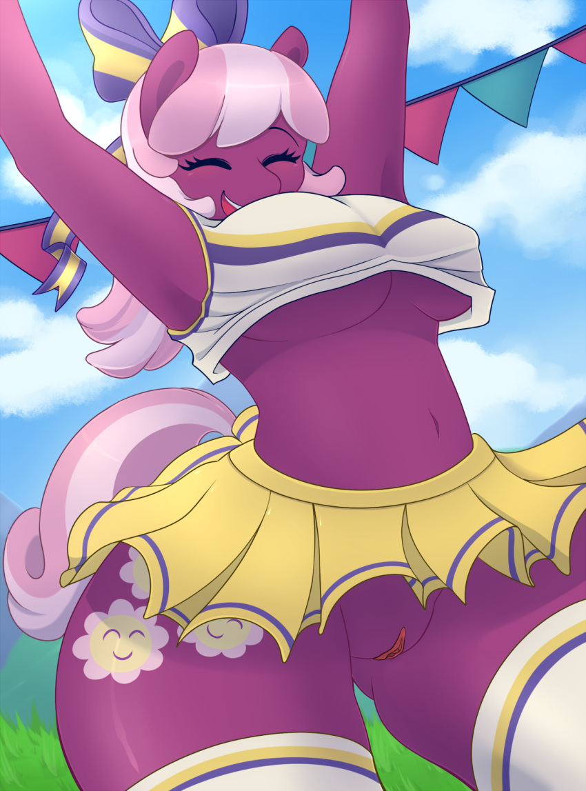 1girl 2016 anthro anthrofied armpits breasts cheerilee_(mlp) cheerleader closed_eyes clothed clothing cloud earth_pony equine friendship_is_magic furry hair hair_bow hair_ribbon high_res horse legwear long_hair mammal multicolored_hair my_little_pony navel open_mouth outside pinkcappachino pony pussy raised_arm ribbons skirt sky two_tone_hair underboob upskirt